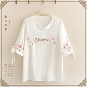 12-13-14-15-16岁大童夏装初中学生短袖T恤少女刺绣花朵甜美上衣