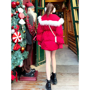 圣诞红色大毛领羽绒棉服女2023冬季加厚中长款棉袄，外套ins潮