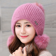 兔毛帽子女士冬天加绒加厚韩版女孩时尚甜美秋冬季保暖针织毛线帽