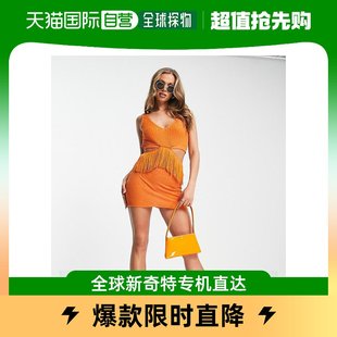 香港直邮潮奢 ASOS 女士设计针织迷你剪口流苏橙色连衣裙