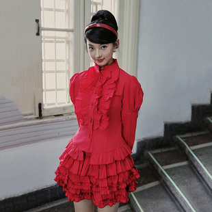 南君哥特复古花边灯笼，袖小众设计衬衫，蛋糕裙红色套装亚文化万圣节