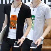夏季青少年短袖T恤男开衫假两件韩版长袖上衣非主流个性男装t恤潮