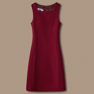 酒红连衣裙2024春夏无袖收腰显瘦气质方领小个子裙通勤西装裙
