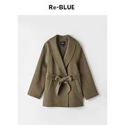Re-BLUE轻奢优雅女装气质知性青果领双排扣中长款毛呢大衣外套