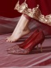 新娘鞋尖头高跟鞋女细跟中跟亮片红色婚鞋宴会，礼服鞋主婚纱婚鞋