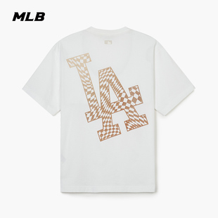 MLB 男女情侣棋盘格T恤圆领闪粉logo宽松短袖24夏季TSO01