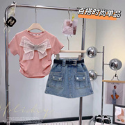 女童套装夏款2024儿童韩版蝴蝶结，短袖t恤半身裙两件套童装