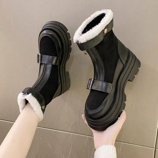 冬季黑色马丁靴女2023厚底小个子，高跟短靴英伦小众保暖毛毛靴
