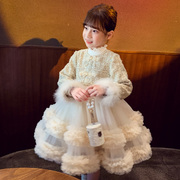 女童小香风连衣裙冬装，2024洋气儿童加绒网纱公主，裙女孩新年装