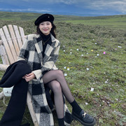 毛呢大衣女外套，秋冬季2023高级感格子，英伦风呢子小个子中长版
