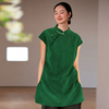 原创设计绿色真丝香云纱偏襟立领短袖中式上衣 桑蚕丝贵气衬衫女