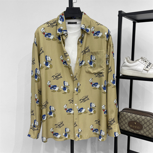 鸟系列秋季宽松版长袖卡通印花凉感衬衫情侣款大码垂感天丝衬衣