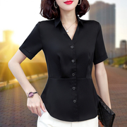 黑色雪纺衬衫女短袖2024夏装收腰显瘦衬衣气质通勤职业装工作上衣