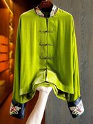 高级感时尚气质绿色衬衫外套，女中式手工盘扣刺绣国风长袖上衣