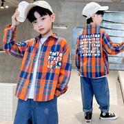 日系男童衬衫2022年春秋长袖，纯棉印花格子衬衣外套宽松帅气潮