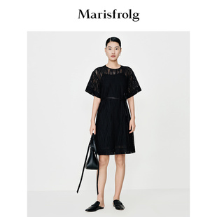 新能量(新能量)黑裙玛丝菲尔夏季黑色镂空提花针织连衣裙
