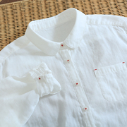 日系文艺简约款全棉双纱口袋，红线白衬衫彼得，潘领百搭纱布女衬衣