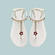 新中式国风夹脚女凉鞋简约白色淑女珍珠鞋防水防滑旅行平跟夹趾鞋