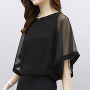 雪纺衫女短袖2023夏季韩版宽松洋气黑色，时尚网纱半袖显瘦上衣