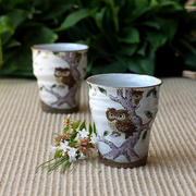 日本进口九谷烧水杯家用陶瓷情侣，对杯夫妻对杯水杯猫头鹰花纹手绘