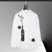 欧美轻奢男装花瓶植物昆虫印花长袖衬衫高级感全棉时尚修身衬衣潮