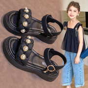 女童珍珠凉鞋2024夏季儿童黑色小香风公主鞋小女孩防滑沙滩鞋