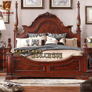 美式实木床双人床柱子床高端复古雕花别墅卧室1.8米婚床公主床