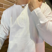白色100%全棉亨利领重磅长袖T恤衫 美式复古基础款厚实打底上衣春