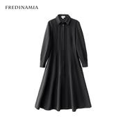 菲迪米亚ferdinamia精立裁收腰，翻领长袖衬衫式，斜纹连衣裙小黑裙