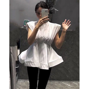 韩版无袖下摆荷叶边衬衫上衣女，2023年夏季设计感收腰气质衬衣