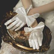 婚纱手套新娘短款色丁弹力包边复古大蝴蝶结婚礼结婚拍照缎面手套