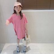 2024夏季女童t恤不规则粉色条纹，开叉衣宝宝夏儿童(夏儿童)中长款短袖上衣