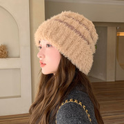 条纹毛绒针织帽子女秋冬季韩版百搭冷帽加厚保暖护耳显脸小毛线帽