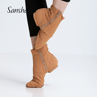sansha法国三沙爵士舞靴高筒，帆布面牛二层底现代舞蹈鞋男女低跟高