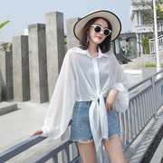 雪纺防晒衣女夏季薄款衬衫，超仙洋气长袖韩版宽松外披开衫带扣罩衫