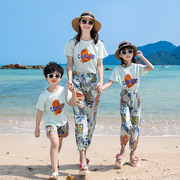 海边度假沙滩亲子装夏装一家三四口母女母子全家装夏威夷风防蚊裤
