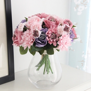 仿真玫瑰花束 欧式高客厅卧室办公桌装饰摆件假花绢花插花