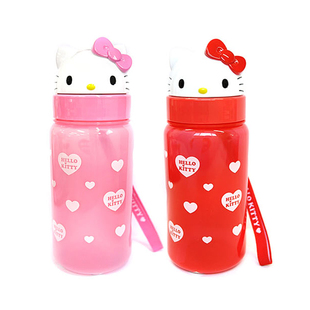 韩国进口hello kitty便携水杯水瓶猫头防尘盖款儿童吸管水杯 粉色