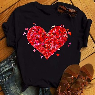 florallovet-shirt红色爱心，花卉印花圆领宽松休闲女短袖黑色t恤