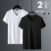 2件纯色v领短袖t恤男士白色低领，打底衫半袖v字领体恤衫夏季12件