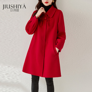 玖诗娅红色中式国风毛呢大衣女，时尚羊毛高级感复古气质零羊绒外套