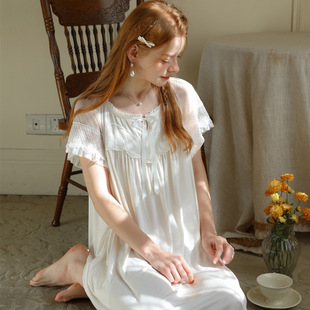 欧式夏季女睡裙短袖宽松莫代尔蕾丝甜美公主可爱白色薄款睡衣短裙