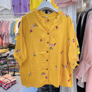 时尚文艺小花朵v领衬衫，宽松显瘦短袖t恤韩版夏季泡泡袖上衣女