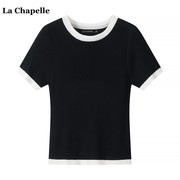 拉夏贝尔/La Chapelle撞色圆领短袖针织T恤女夏季薄款打底衫上衣