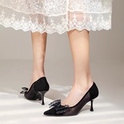 一代佳人法式蕾丝高跟鞋细跟网纱透气尖头蝴蝶结舒适单鞋女鞋
