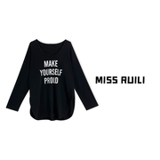 MISS RUILI定制 字母印花下摆圆弧开叉中长款加绒长袖t恤MX0917