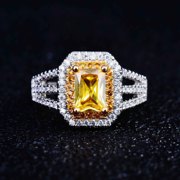 方包克拉轻奢长方黄钻戒指，精致方形锆石，仿真黄钻开口彩宝戒指女