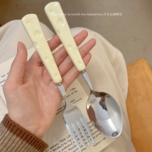 奶酪叉子勺子餐具套装陶瓷，柄不锈钢可爱轻奢高级感家用西餐两件套