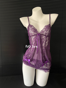No bra 深紫色  性感透明蕾丝绑带 半透视吊带睡裙 qqny