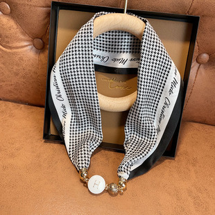 真丝丝巾珍珠磁扣项链女长条巾100%桑蚕丝小领巾夏季装饰围巾